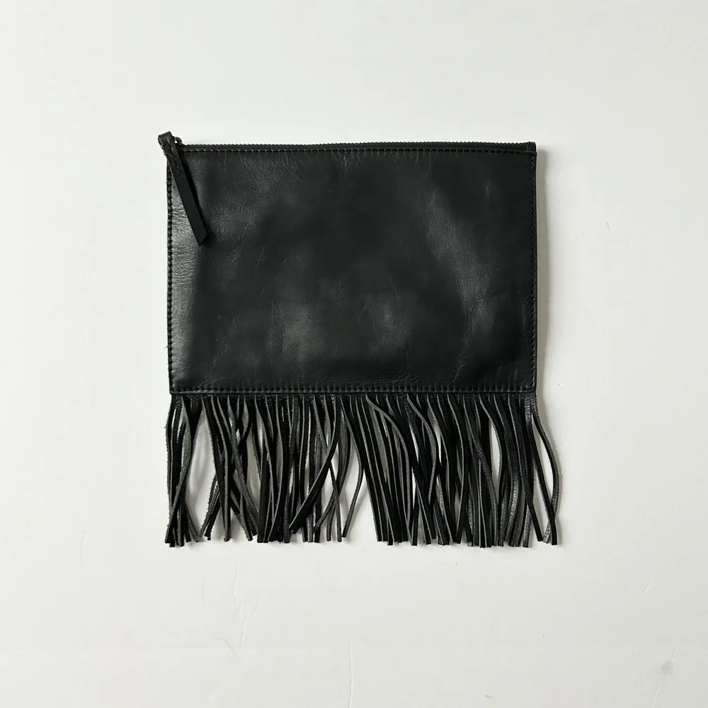Madewell Black Leather Fringe Wristlet Clutch